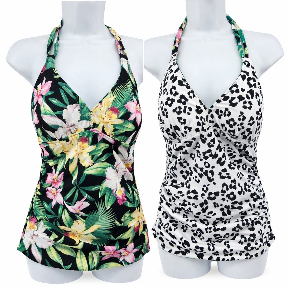 Tommy Bahama Orchid Garden Reversible Halter Tankini Top Small Black Floral NWT